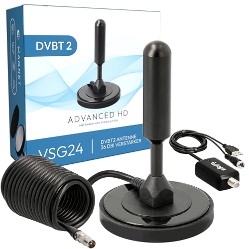 VSG24 DVBT2 Antenne mit Verstärker 36Dbi+ HDTV Zimmerantenne für Fernseher, max. Signalqualität durch ALU-Kern, 5m Kabel DVB-T2 Antenne Fernseher freenet tv innen außen