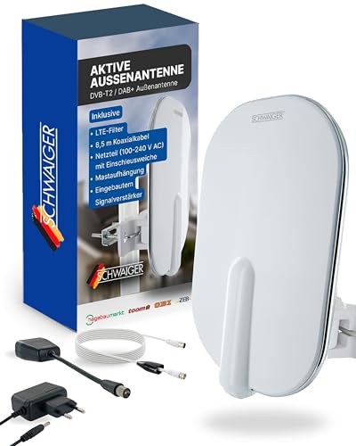 SCHWAIGER 662245 Außenantenne-Set aktiv DVB-T2 terrestrisch digital Empfänger Verstärker Outdoor 50km-Reichweite 4K UHD LTE Filter