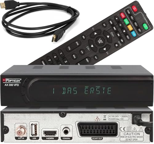 RED OPTICUM HD Sat Receiver AX 300 VFD Display PVR Ready - USB TV Aufnahme, HDMI, SCART, Coaxial - Digital TV Receiver für Satellitenschüssel/Satelliten/Satellit + HDMI Kabel